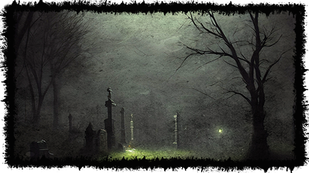 Tombstones with a tree in the fog